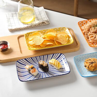 Керамічні сервіровочні тарілки Selamica, набір 4 шт, 24 x 14 x 2.5 см, різні кольори. Ідеально для закусок, суші, фруктів та святкового сервірування.