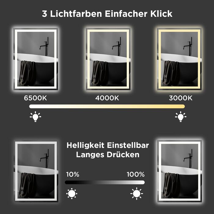 Дзеркало для ванної кімнати з підсвічуванням 50x70 см, сенсорне керування, протитуманне покриття, 3 кольори світла, регулювання яскравості, пам'ять налаштувань, матове, прямокутне