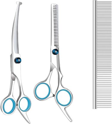 Професійні ножиці для грумінгу собак та котів: титанові, з округлими безпечними кінцями, розріджуючі та прямі ножиці з гребінцем (чорний)