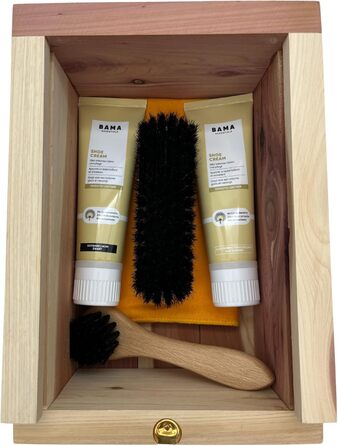 DELFA Shoe Care Cedar Wood Box - Real Wood Box with Bama Care Products - 5-Piece Shoe Care Set - Cream, Brush, and Polishing Cloth