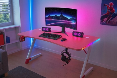 Ігровий комп'ютерний стіл з LED-підсвіткою, сучасне геймерське письмовий стіл, 120 см, рожевий