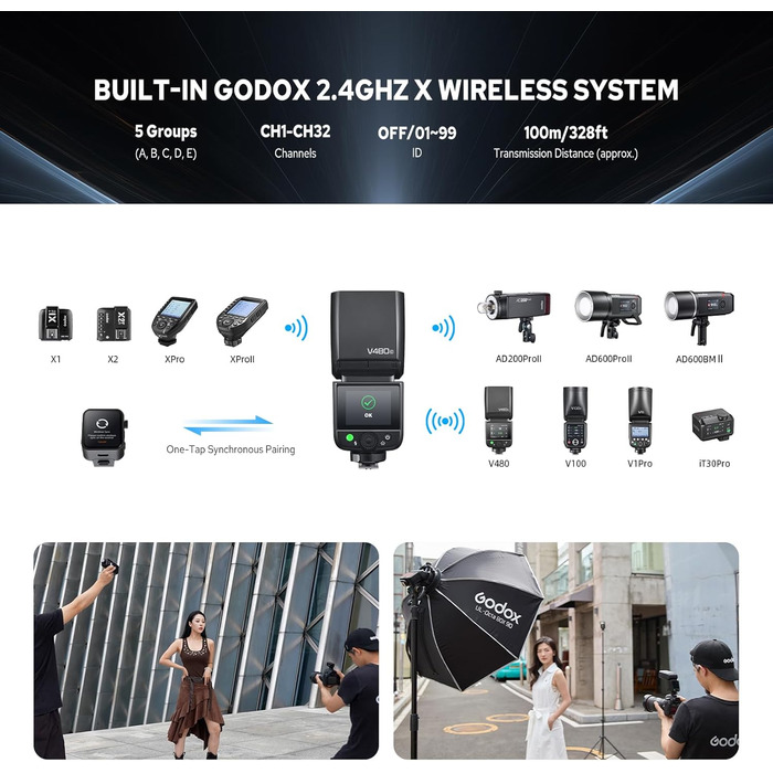 Спалах для камери Godox V480C Canon з сенсорним екраном, GN50, TTL, 2.4G Wireless, 1/8000 HSS, 650 J, 1.7s час відблиску, Li-ion акумулятор 7.2V/2200mAh