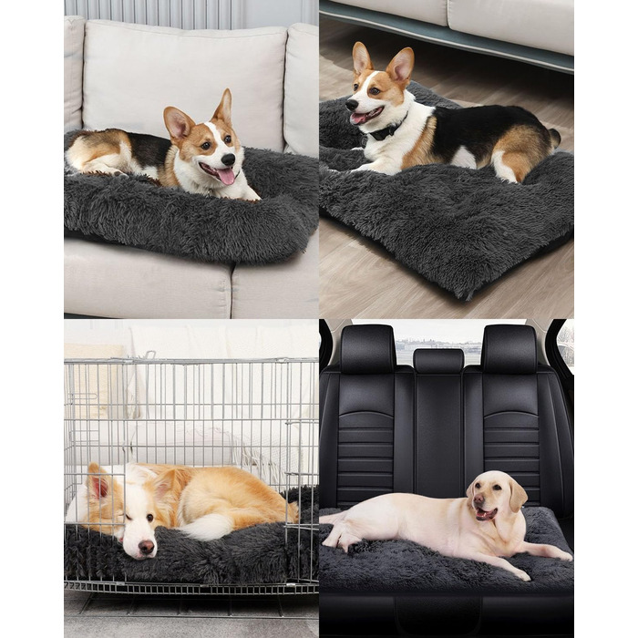 М'яке собаче ліжко для середніх собак, 95 x 65 см, з довгим пухнастим покриттям, знімне, з антиковзною основою, ортопедична підстилка, темно-сірий колір