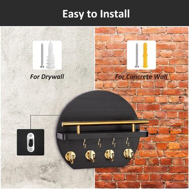 Настінна вішалка для ключів Nekon з полицею та 8 гачками, 24.8 см, чорний/золотий колір, декор для дому