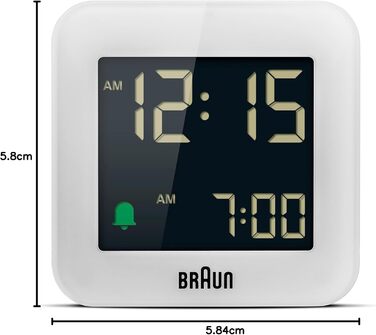 Braun Digital Travel Alarm Clock with Snooze Function, Compact Size, Negative LCD Display, Quick Set Function, Crescendo Alarm in White, Model BC08W.
