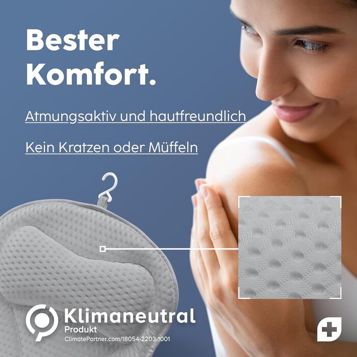 Vesta+ Grey Bath Pillow with Suction Cups - Tested Winner - Neck & Back Support - Non-Slip Bath Cushion for Bathtub & Shower
