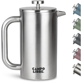 Campo Libre.® Giorgio. French Press Coffee Maker made of double-walled stainless steel 1l | plastic-free coffee press with thermal function incl. replacement filter | coffee maker made of 100% recycled stainless steel 1000ml Matt Steel