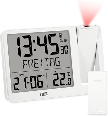 Digital Radio Alarm Clock with Projection and Outdoor Sensor | Projection Alarm Clock with 2 Alarm Times | Clock with Temperature Display, Date, and Day of the Week | Includes Power Cable | White