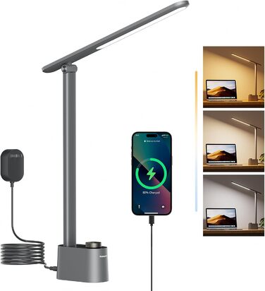 Лампа настільна Honeywell LED з USB-портами, регульоване освітлення, захист очей, Sunturalux™, сіра