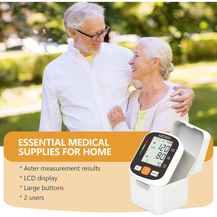 Автоматичний тонометр на зап'ясті: регульована манжета + 2 батарейки AAA та сумка для зберігання – детектування нерегулярного серцевого ритму, пам'ять на 99 вимірювань, великий LCD-дисплей, білий/синій (чорний)