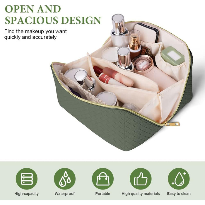 Косметичка для подорожей з PU шкіри, велика містка, водонепроникна, органайзер для туалетних аксесуарів (зелений колір, плетіння)