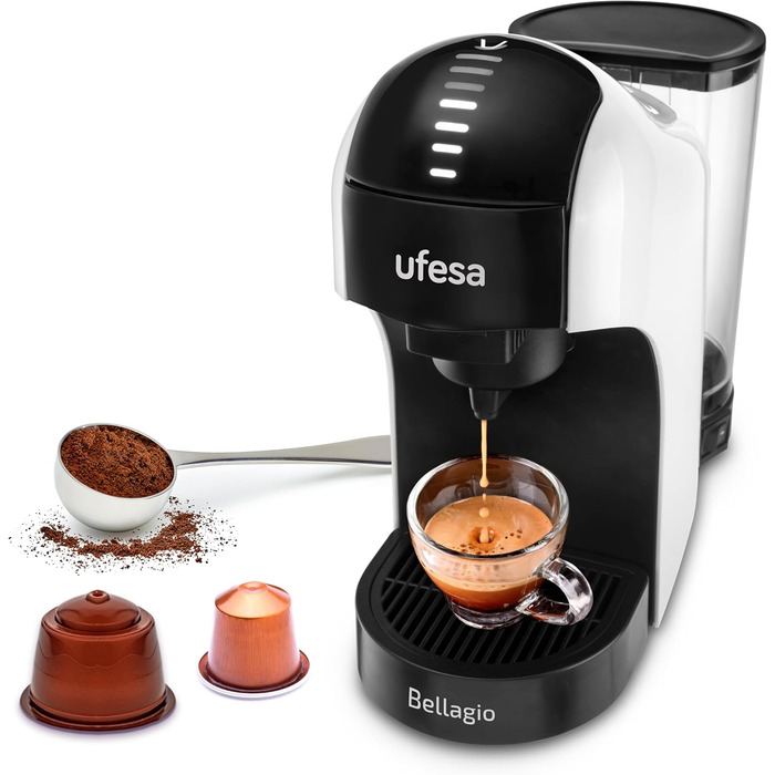 Ufesa Bellagio 3-in-1 Multi-Capsule Coffee Machine for Nespresso Original Capsule, Dolce Gusto, or Ground Coffee, Digital Touch Panel with 7 Levels, 1 L Water Tank, 1400 W, 15 Bar Pressure, Compact