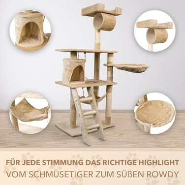 Кігтеточка для котів Foxdevil від xonic® - багатофункціональна кігтеточка з оглядовою платформою, гамаком, затишною печерею, іграшковою шнуркою, сходами – 141 см – (Бежевий V1)