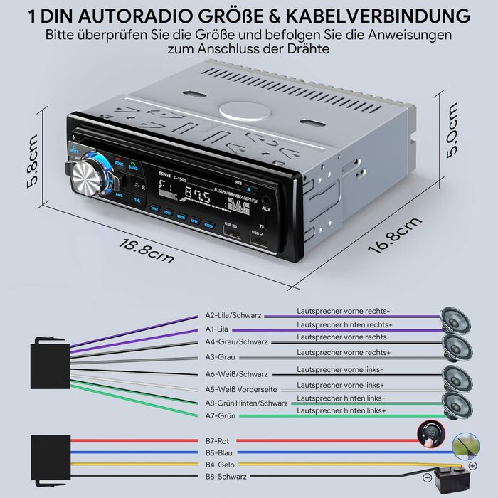 Автомагнітола CENXINY 1 DIN з Bluetooth, CD, RDS, FM/MP3, 2 USB для музики та зарядки, гучний зв'язок
