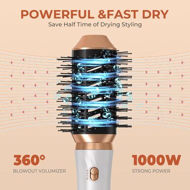 UKLISS 6-в-1 Стайлер для волосся з феном Pro, Набір для укладання волосся: плойка, випрямляч, фен, щітка для укладання, автоматична завивка, іонізація, Airbrush, подарунковий набір для жінок, блакитний (золотий)