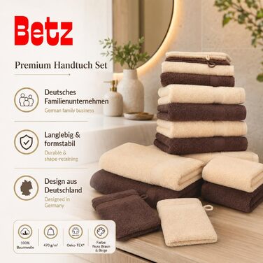 Набір махрових рушників Betz Premium 10 предметів, 100% бавовна, 470 г/м², Oeko-TEX, Колір: горіховий коричневий та бежевий (2 банні, 4 середні, 2 гостьові рушники, 2 рукавички)