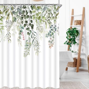 Штора для душу 200x200 см, зелені листки, антигрибкова, текстильна, водовідштовхувальна, поліестер, з кільцями (1 шт)