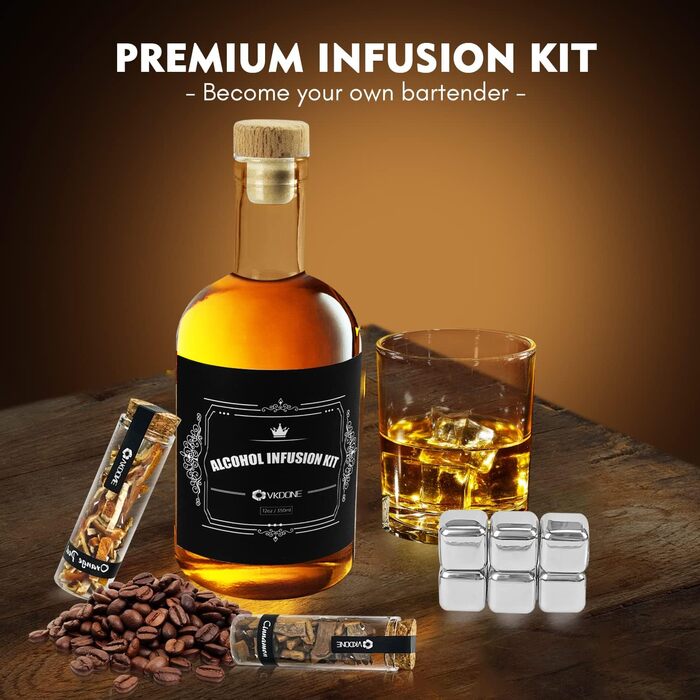 Набір для виготовлення віскі: інфузія, 8 дерев'яних стружок, кубики льоду з нержавіючої сталі, мірний стакан, барна ложка, воронка