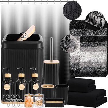 Набір аксесуарів для ванної кімнати, 17 предметів: сміттєвий бак, диспенсер для мила/лосьйону (3 шт.), тримач для зубних щіток, мильниця, попільниця, 6 дерев'яних гачків, аксесуари для ванної з підносом (Чорний, Комплект для ванної + штора + килимок + руш
