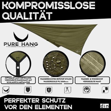 PURE HANG Преміум Намет-Тарп 3x3 для Гамака, Outdoor, Кемпінг, 100% Водонепроникний, з Люверсами, Сонцезахист, UV Захист, 3x3 Military Green