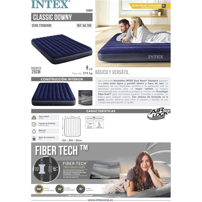 Надувний матрац Intex Classic Downy Blue Dura-Beam Twin, 191 x 99 x 25 см, блакитний