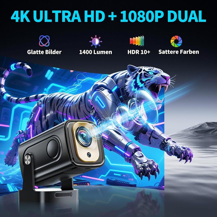 4K проєктор Beamer Full HD 1080P Android, портативний міні-проєктор з Wi-Fi 6 та Bluetooth 5.2, поворотний на 270°, для PC/HDMI/USB, з мишею та пультом, білий (чорний матовий)