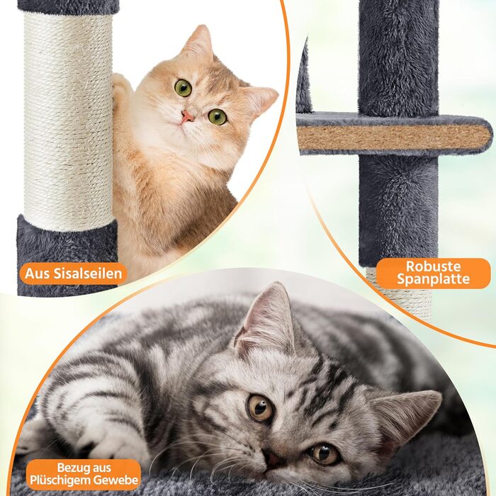 Кігтеточка для котів Yaheetech, велика, 158 см, з 3 платформами, 3 стовпчиками для заточування, 2 будиночками, м'ячиками, сірого кольору