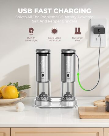 Sangcon Electric Salt and Pepper Grinder Set, 2 Speeds Rechargeable, 6 Externally Adjustable Grind Settings, Automatic Salt and Pepper Grinder Set with Storage Base, One-Hand Operation