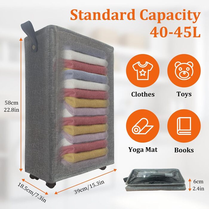 Laundry Basket with Wheels, Foldable Slim Laundry Collector, Collapsible Rectangular Laundry Container Collector for Bedroom, Apartment, Hotel, 40L, 39x18.5x58cm, Beige