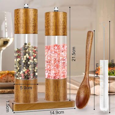 Salt and Pepper Grinder Set of 2, Manual Spice Grinder including Coaster, Cleaning Brush, Spoon (21.5 cm) - Wooden Salt Mill with Adjustable Ceramic Grinder for Spices Pepper Salt