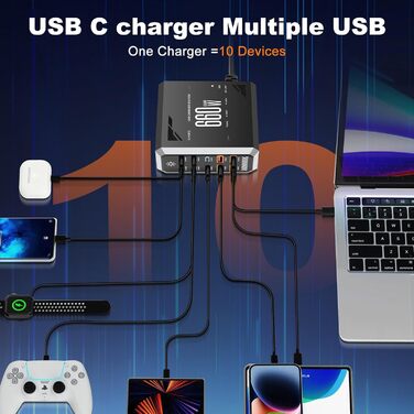 Зарядний пристрій USB 240W, 6 портів: 4xUSB + 2xUSB-A для MacBook Pro/Air, iPad, iPhone 15 Pro, Samsung (швидка зарядка)