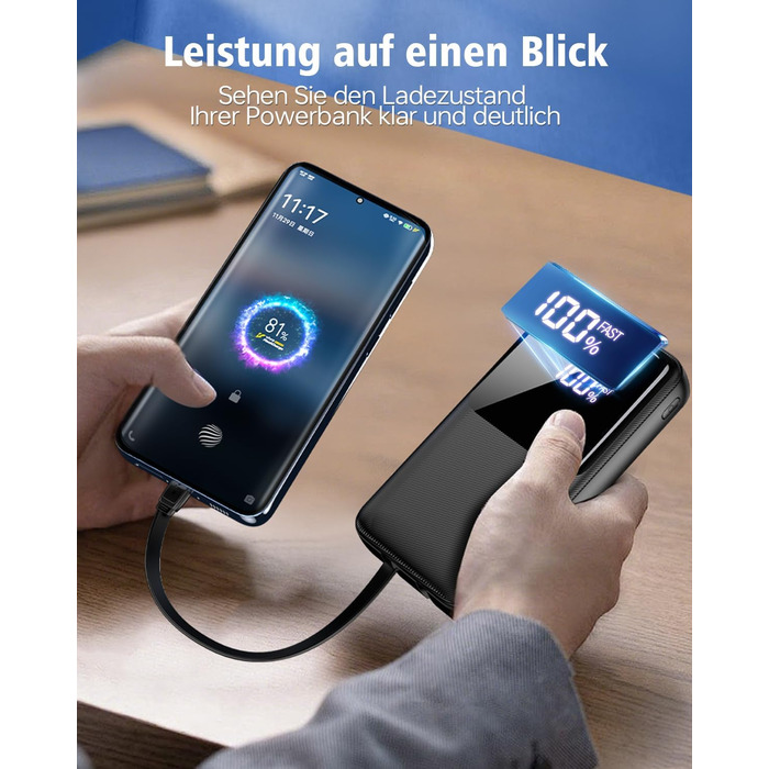 Power Bank 40000mAh 22.5W PD USB-C: Зовнішній акумулятор з 3 портами та 2 кабелями, сумісний з iPhone, Android