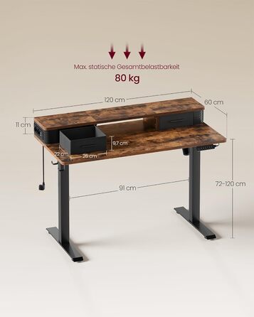 VASAGLE Electric Standing Desk - Adjustable Height, 140x60cm, with Monitor Stand, Power Strip, Hooks, Memory Function - Vintage Brown
