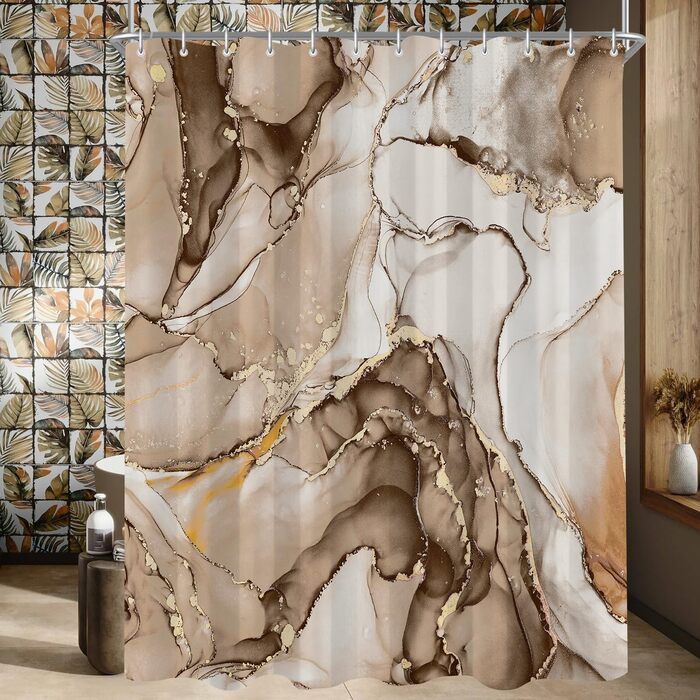 Штора для душу 180x200 см, коричневий мармур, поліестер, з утяжеленим краєм, антигрибкова, водовідштовхувальна, з кільцями (1 шт)