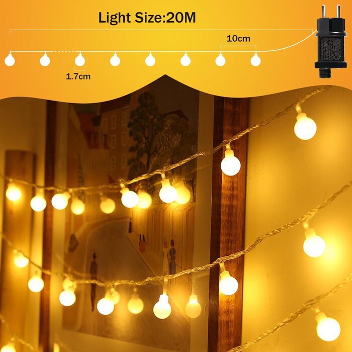 LED гірлянда на батарейках, 20м, 150 LED кульки, гірлянда з вилкою для внутрішнього та зовнішнього використання, 8 режимів світіння, IP45 вологостійка, ідеальна для Різдва, весілля, вечірки, саду, тепле біле світло