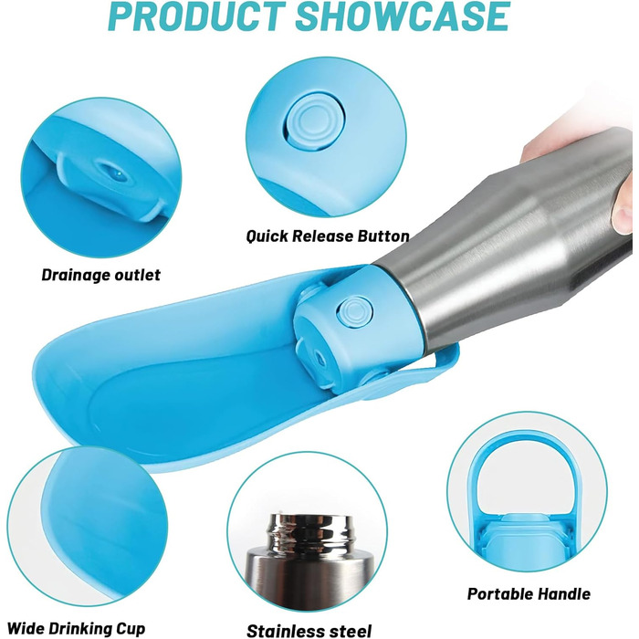 Водяна пляшка для собак ZoneYan 750 мл з нержавіючої сталі, портативна, витокозахисна, для подорожей, парків, кемпінгу, походів (світло-блакитна)