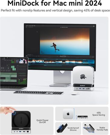 ORICO MiniDock: Док-станція та підставка для Mac mini M4/M4 Pro з корпусом для NVMe SSD, USB-C хаб з 4K HDMI та DisplayPort, SD/TF 3.0, USB-C/A 10Gbps, PD 100W - VS10 (10-в-1, 4TB)