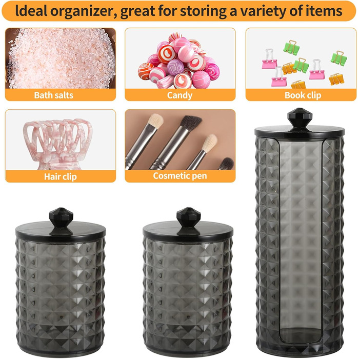 Контейнер для ватних паличок та дисків 3 STK з кришкою, чорний - органайзер для ванної кімнати, PP-матеріал, дизайн 