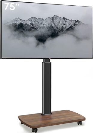 AOKCOS Rolling TV Stand with Wood Shelf - Adjustable Height & Swivel - Fits 43-75 Inch TVs (up to 50kg) - VESA 600x400mm - White+Natural (Black+Vintage Brown)