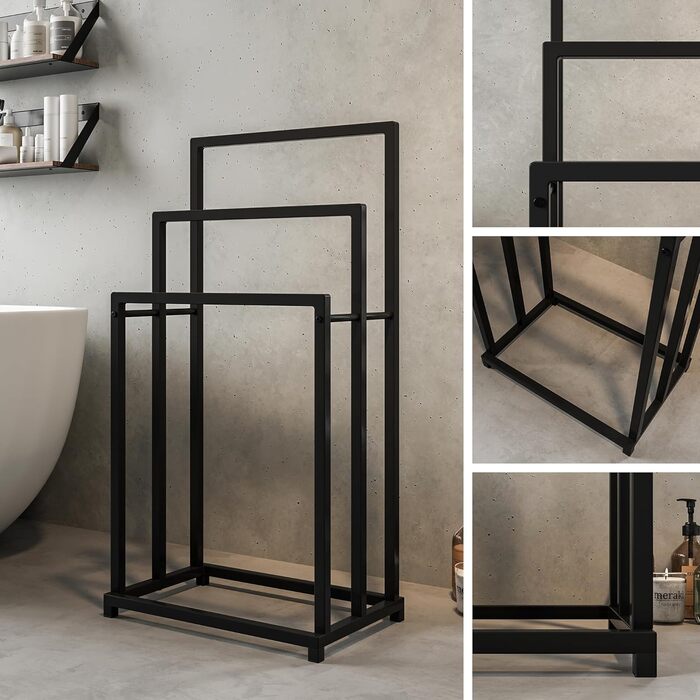 Підставка для рушників, тримач для рушників, стійка для рушників на 3 батончики, чорна, сталь, для ванної кімнати