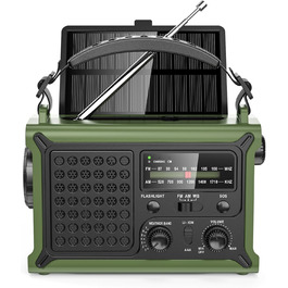 Радіоприймач Minorz 12000mAh з ручним генератором, сонячною панеллю, AM/FM, SOS, ліхтариком, IPX6, для кемпінгу та надзвичайних ситуацій, зелений