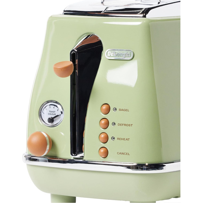 Тостер De'Longhi Icona Vintage CTOV 2103.GR Olive Green – 2 слоти, підставка для булок, 6 рівнів підсмажування, функція підігріву та розморожування, з нержавіючої сталі, ретро-дизайн