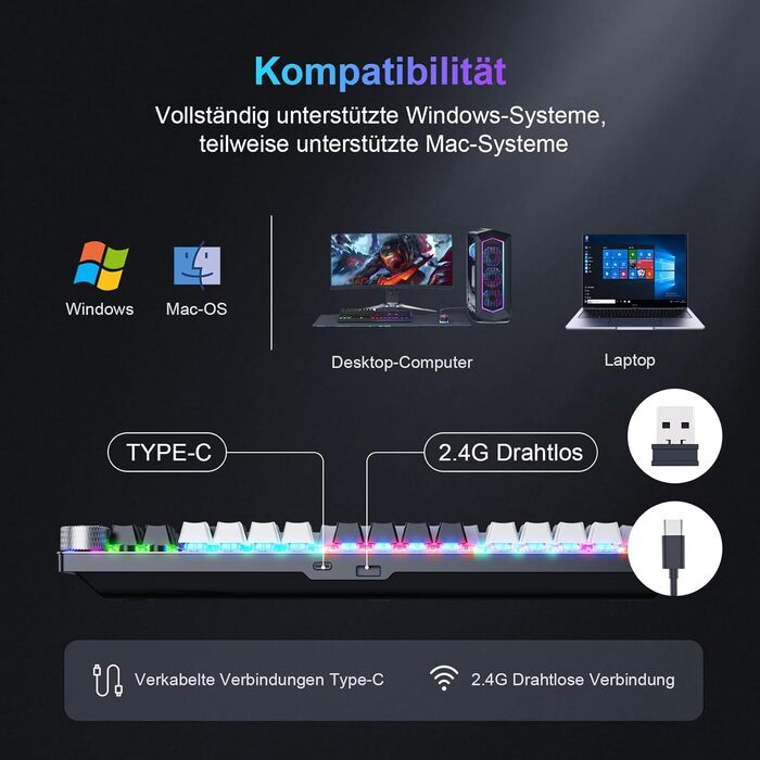 Механічна ігрова клавіатура TECURS бездротова, 80% TKL з підсвічуванням, Red Switch, QWERTZ, для ПК, ноутбука, Windows, чорно-біла