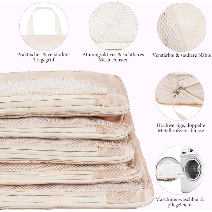 Органайзер для валізи KiwiPower, 8 шт. – комплект кубів для компресії, водонепроникні сумки для одягу для подорожей, ручної поклажі та рюкзаків (Бежевий)