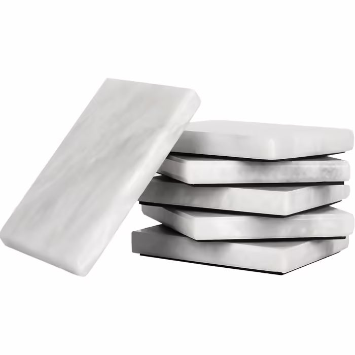 Set of 6 white, handcrafted marble coasters, 8.9 cm, for bar drinks and coffee cups, square coaster set for kitchen – ideal pot mat, coasters, plates – no wood