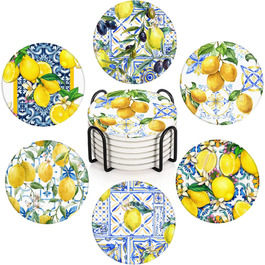Drink coasters, set of 6, yellow lemon, fruit, blue ceramic tiles, pattern, absorbent, square, ceramic stone mat, with cork backing and metal holder, housewarming gift, (lemon)