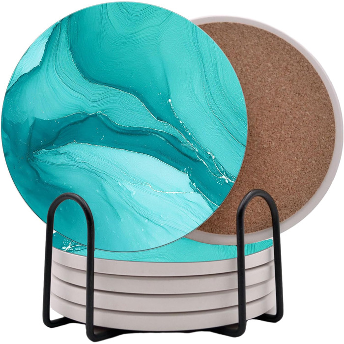 Aqua Blue Teal Marble Coasters Set of 6 - Absorbent Ceramic Coasters with Metal Stand for Drinks, Coffee, Non-Slip Cork Back for Table Protection, 10.2 cm Marble Pattern (Blue-Green)