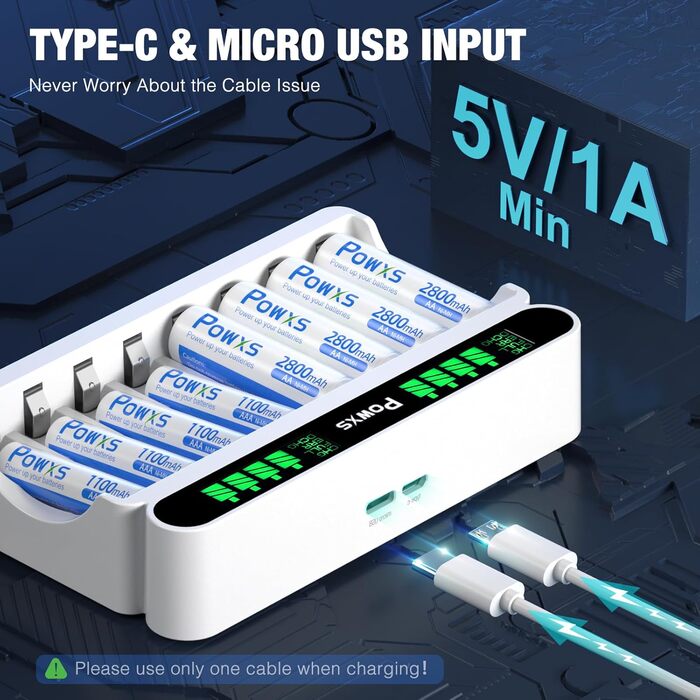 Зарядний пристрій POWXS для акумуляторів NI-MH NI-CD AA/AAA, 8 слотів, LCD дисплей, швидка зарядка Micro USB/Type-C