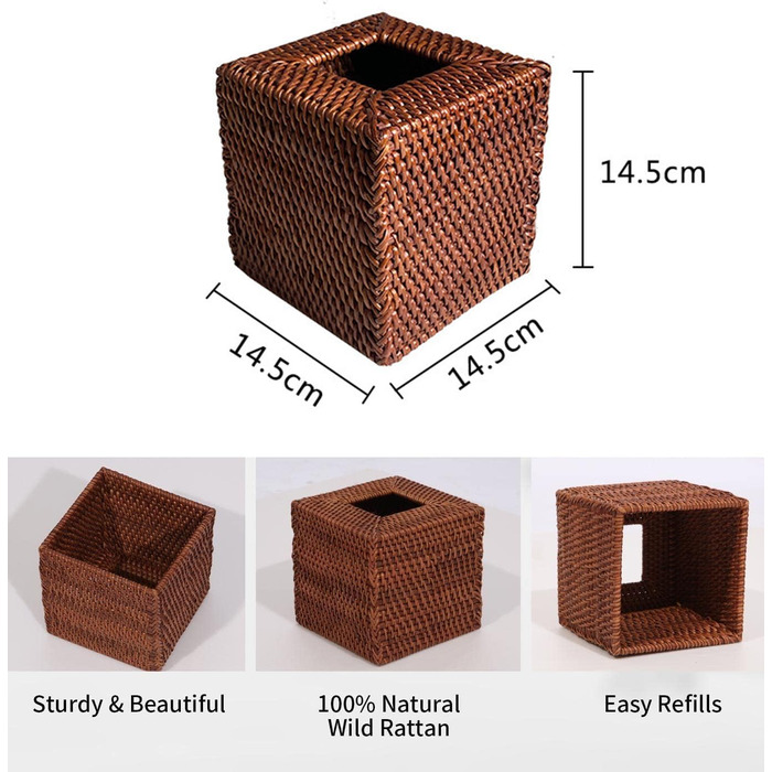Rattan Cosmetic Tissue Box, 14 x 14 x 14.5 cm, Handwoven Square Tissue Box, Natural Decorative Tissue Box, Tissue Holder (Square, Honey Brown)