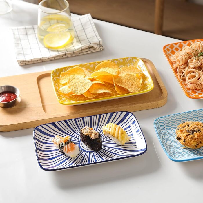 Керамічні сервіровочні тарілки Selamica, набір 4 шт, 24 x 14 x 2.5 см, різні кольори. Ідеально для закусок, суші, фруктів та святкового сервірування.